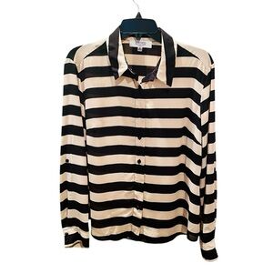 Kasper Separates roll tab sleeve button down blouse M tan black stripe flowy